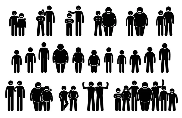 People Man Different Body Sizes Heights Icons Inglés Figuras Palillo — Vector de stock