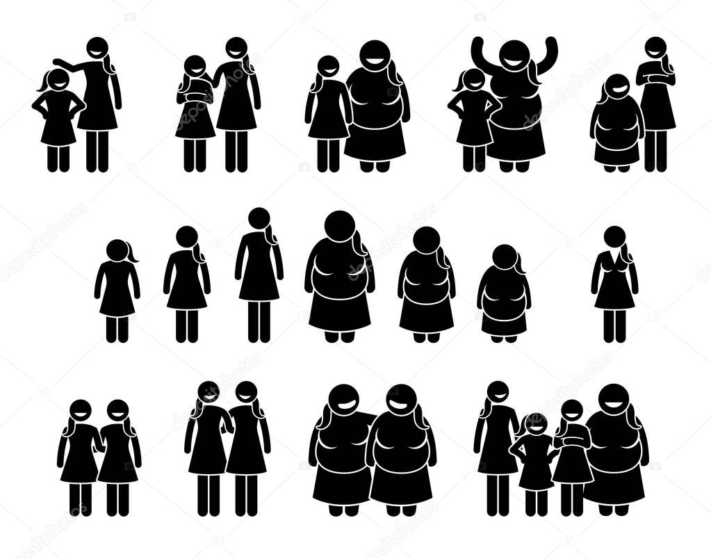 Woman and Girls of Different Body Sizes and Heights Icons. Stick figures pictogram depict average, tall, short, fat, and thin body figures of female human.