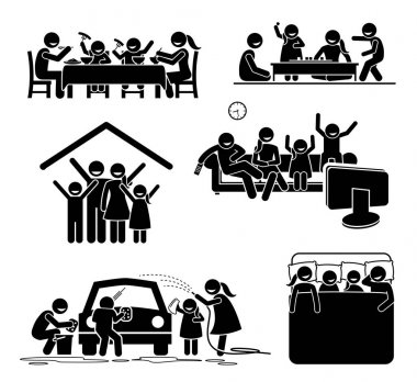 Family activities time at home. Stick figures pictogram depict family having meal, playing board games, watching TV, washing car, and sleeping together at home. vector