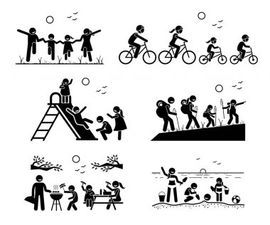 Aile açık hava eğlence etkinlikleri. Sopa rakam piktogram birlikte bisiklet sürme, Oyun Bahçesi, hiking, açık Barbekü piknik ve kendilerini zevk kumsalda aile parkta gösteriyor.