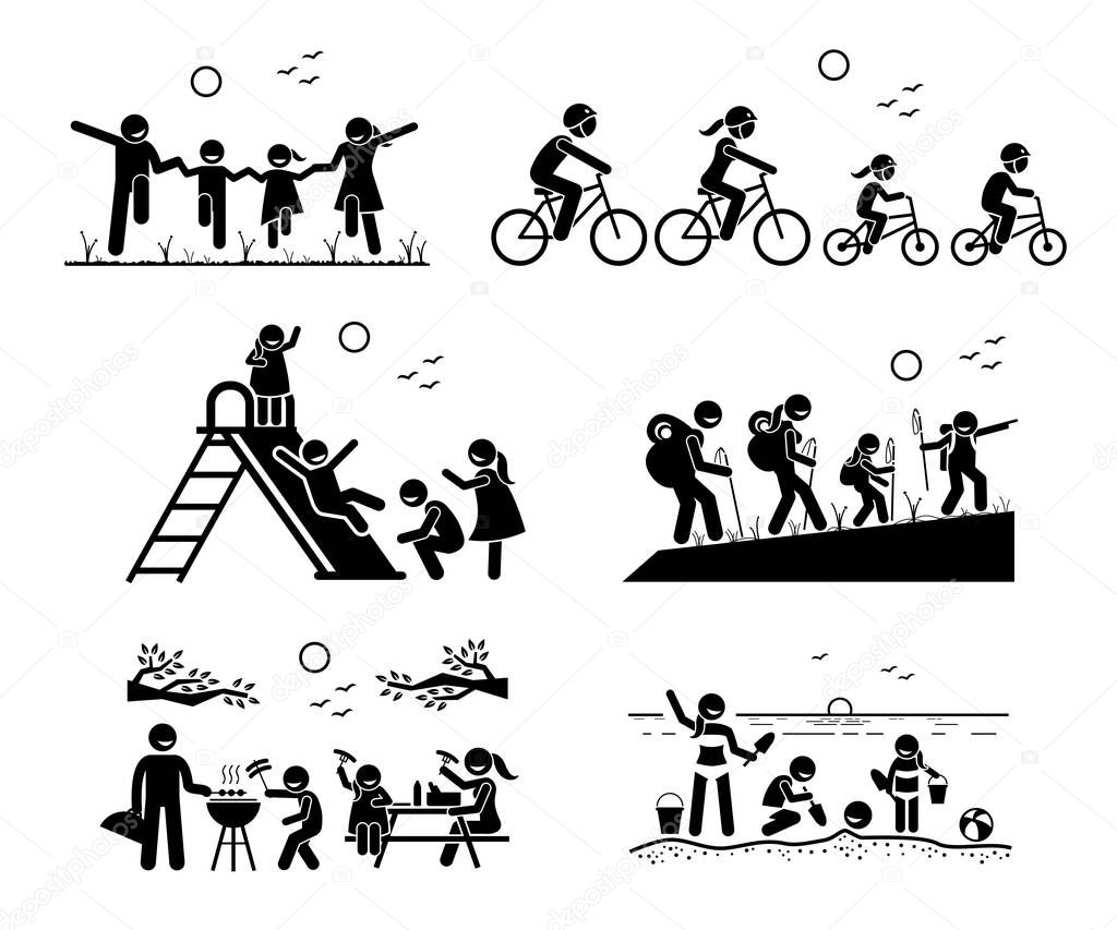 Family outdoor recreational activities. Stick figure pictogram depicts family in the park, riding bicycle together, playing at playground, hiking, outdoor bbq picnic, and enjoying themselves at beach.