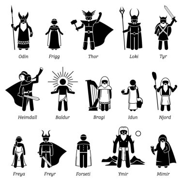 Ancient Norse Mythology Gods and Goddesses Characters Icon Set clipart