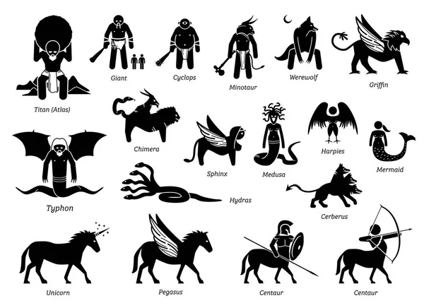 古代ギリシャ神話のモンスターや生き物の文字アイコンを設定 — ストックベクタ