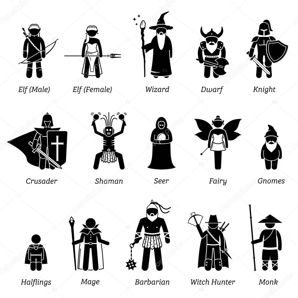 Ancient medieval fantasy characters classes and warriors icon set.