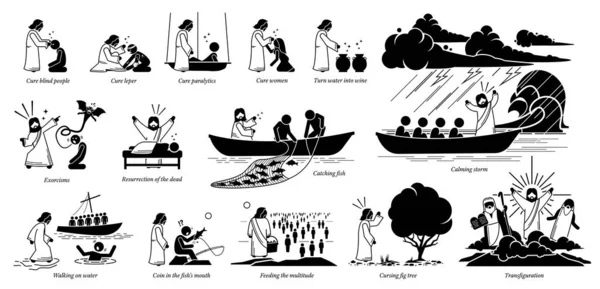 Miracles of Jesus Christ icons pictogram. Stick figure of Jesus Christ curing blind, woman, turning water to wine, exorcism, resurrection, catch fish, walking on water, feeding, and transfiguration. — Stock Illustration Miracles Jesus Christ Icons Pictogram Stick Figure Jesus Christ Curing Stock Vector