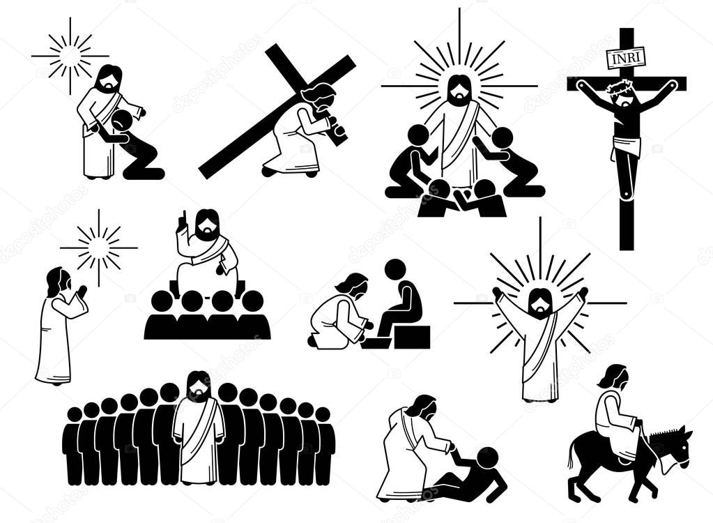 Jesus Christ stick figure, icons and pictogram. Illustrations of Jesus Christ with people, cross, crucifixion, praying, worship, sacrifice, teaching disciples, and love. 