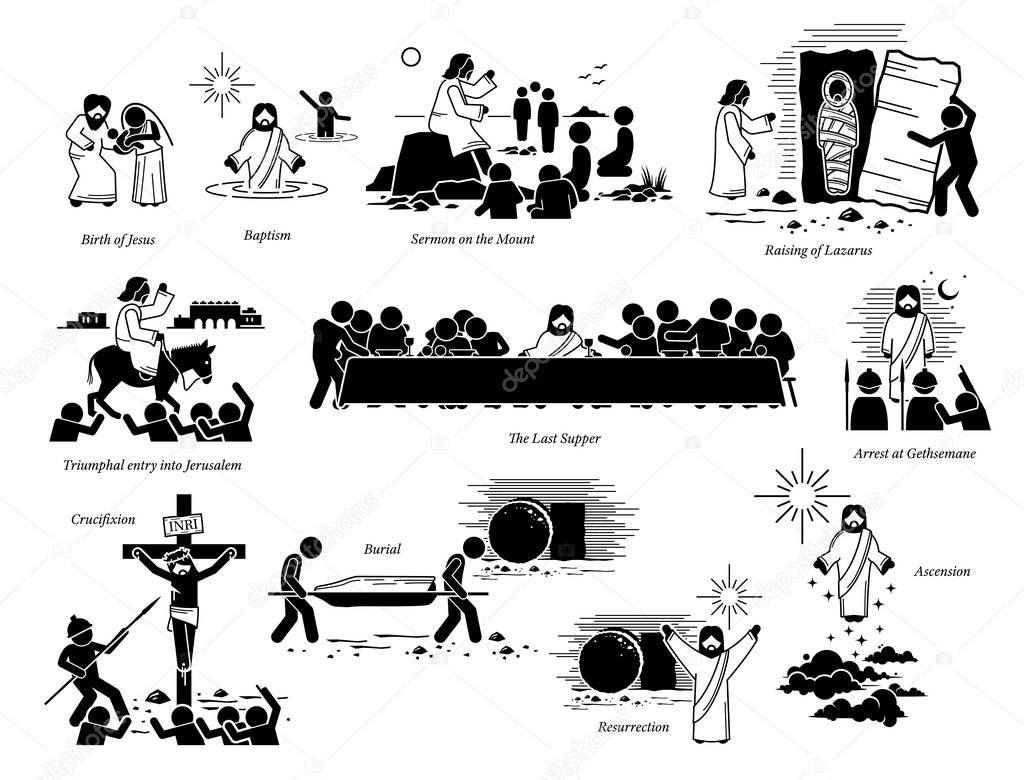 Life of Jesus Christ and important key events. Artwork of birth of Jesus, baptism, sermon on the mount, raising Lazarus, entry to Jerusalem, the last supper, crucifixion, resurrection, and ascension. 