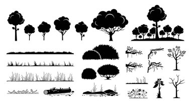 Tree, plants, and grass vector graphic design. A set of tree, foliage, grass, forest, flower, bushes, branches, and vines in black silhouette style. vector