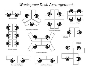 Ofiste ve şirkette çalışma masası aranjmanı. Piktogram simgeleri, ofis çalışanları, çalışanlar ve işçiler için masa düzenleme ve oturma alanlarının üst görünümünü betimler.. 