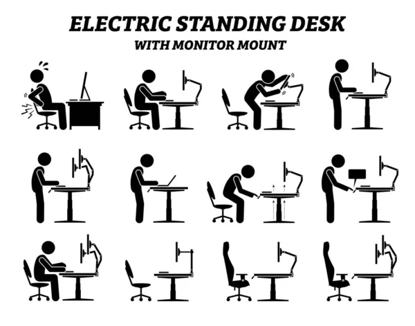 Monitörlü Ergonomik Elektrik Masa Masası Çubuk Figürlü Resim Simgeleri Bilgisayarındaki — Stok Vektör