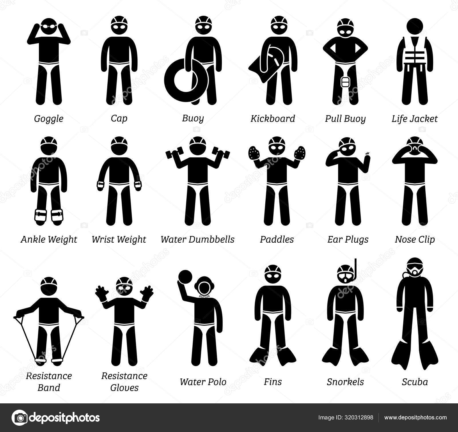 pix Pull Buoy Drawing https depositphotos com 320312898 stock illustration swimming gears equipment stick figure html