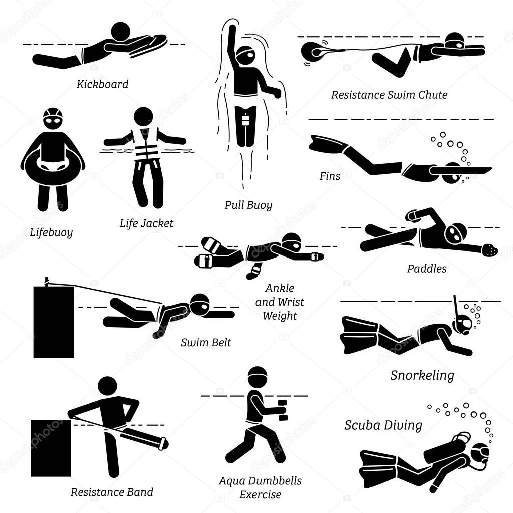 Swimmers using swimming gears, tools, and equipment for training in stick figure pictogram icons. Set of graphic illustrations depict training gears, products, and equipment for swimming activities. 