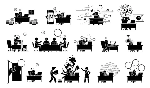 Busy Executive Ceo Worker Businessman Office Stick Figure Pictogram Icons — Stock Vector