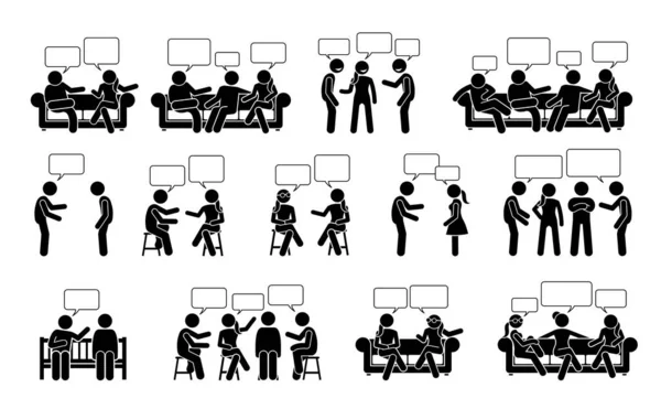 人と人との会話やコミュニケーションはピクトグラムのアイコンを描きます ベクトルイラストは 人や友人が座って立っている位置でお互いに話をし チャットを描いた — ストックベクタ
