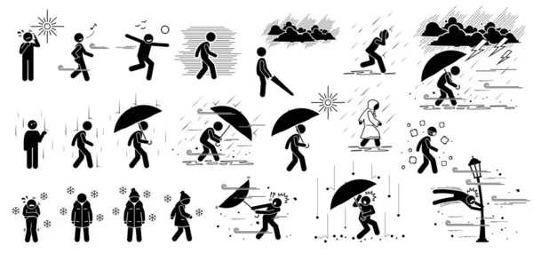 People React Weather Conditions Climate Stick Figure Pictogram Icons Weathers — 스톡 벡터