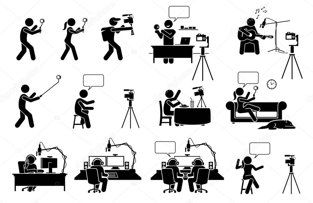 Video blog, vlog, podcast, and live streaming stick figure pictogram icons. Vector illustrations depict people self video recording with camera to create Internet online content for social media.