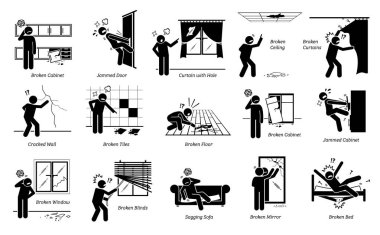 Ev arızalı ve yapısal sorunlar, figürlü resim ikonları. Evdeki kusurlar, bozulmuş yapılar ve kırık mobilyalar yüzünden kızgın ve mutsuz bir insanın vektör çizimleri..