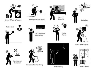 Electrical home appliances problems at house stick figure pictogram icons. Vector illustrations depict broken, defective, spoil, problematic, and issue with electrical home appliances. clipart