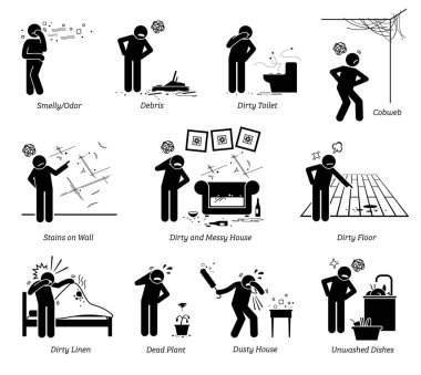 Dirty and messy house stick figure pictogram icons. Vector illustration of a person complaining about a poorly maintained house that is old, dirty, and messy.  clipart