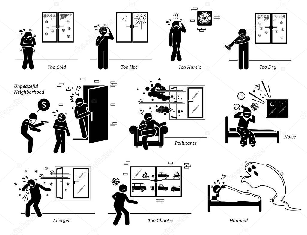 House home environment problems and surrounding issues. Vector illustrations depict people facing problems with the climate conditions and surrounding neighborhood environment.