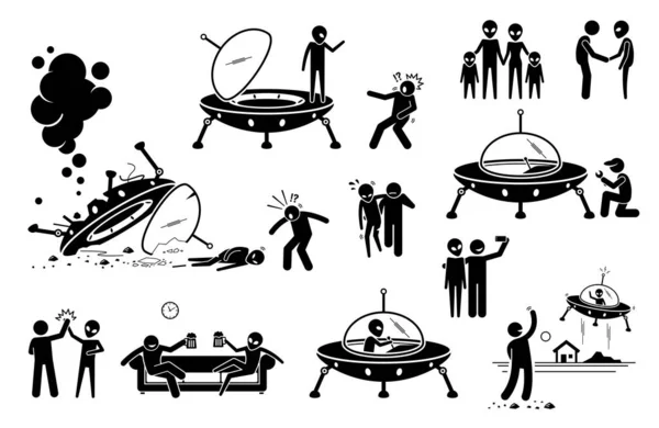 异形Ufo和人类第一次接触并成为了朋友 异形Ufo的矢量图解到达行星地球并撞毁宇宙飞船 人类营救了外星人 他们就成了朋友 外国人飞回来了 — 图库矢量图片