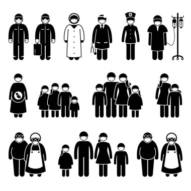İnsanlar virüsten, gripten, gripten ve Coronavirus Covid-19 'dan korumak için cerrahi maske takıyorlar. Doktor, hemşire, sağlık çalışanı, hasta, erkek, kadın, çocuk, çocuk ve aile maskelerinin vektör çizimleri.