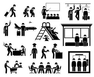 Farklı yerlerde ameliyat maskesi takan insanlar virüsten, gripten, koronavirüsten ve gripten korunmak için. Gezgin, okul çocuğu, öğretmen, banliyö çalışanı, iş adamı cerrahi maske takıyor..