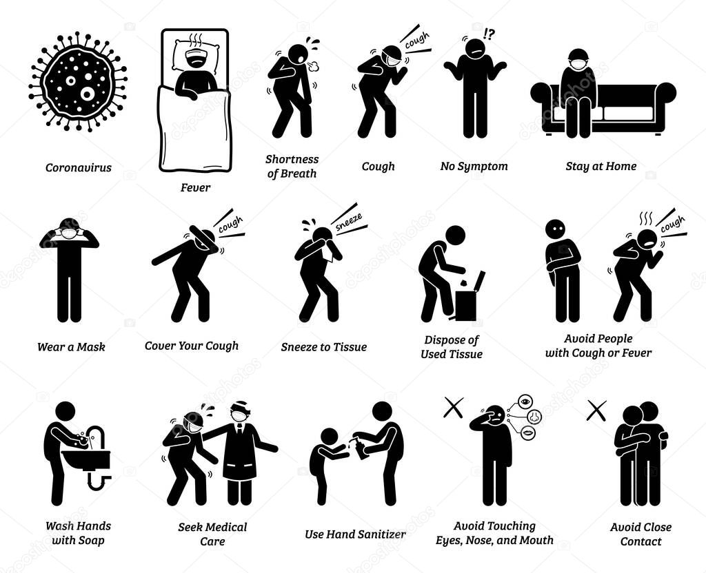 Sign symptoms of coronavirus Covid-19 and prevention tips. Vector artwork of people infected with coronavirus, influenza, or flu. Precaution and prevention ways to stop the pandemic virus from spreading. 