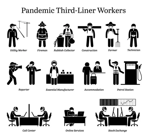 Virus Pandemische Derde Lijnvaartarbeiders Vector Pictogrammen Van Utility Worker Brandweerman — Stockvector