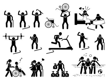 Güçlü, sağlıklı, libidosu yüksek, cinsel dürtüsü kuvvetli, yaşlı bir adam. Genç, güzel, seksi bir kızla yaşlı bir adamın vektör çizimleri. Aktif yaşam tarzını sürdürmek için spor salonunda yaşlı adam egzersizi yapıyor..