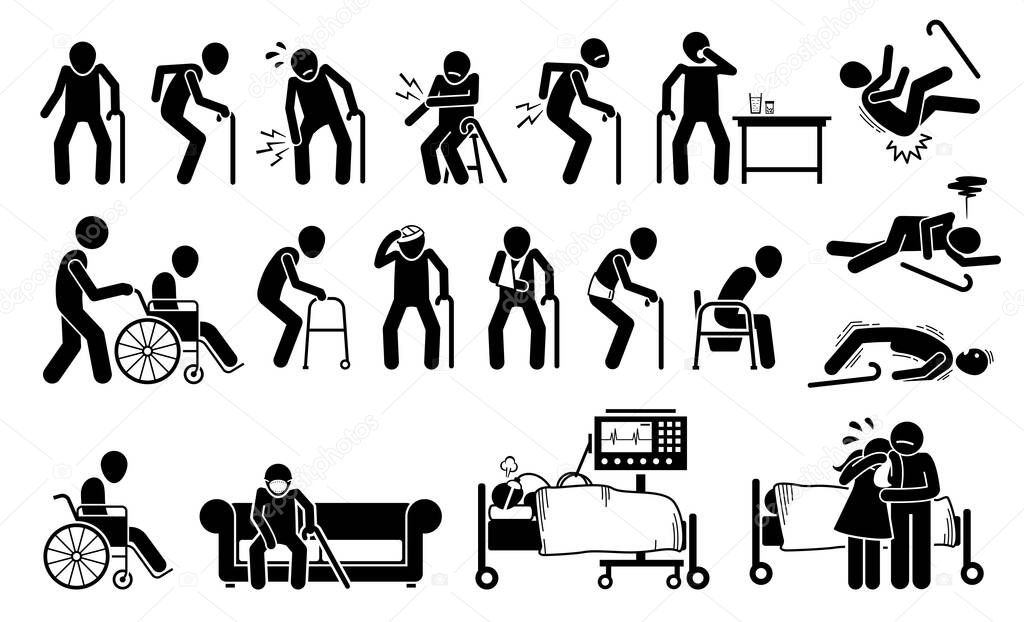 Injured old man with body ache and joint pain. Vector illustrations of elderly men with injury using wheelchair, bandage plaster cast for broken bone. People on ventilator respirator at ICU hospital.