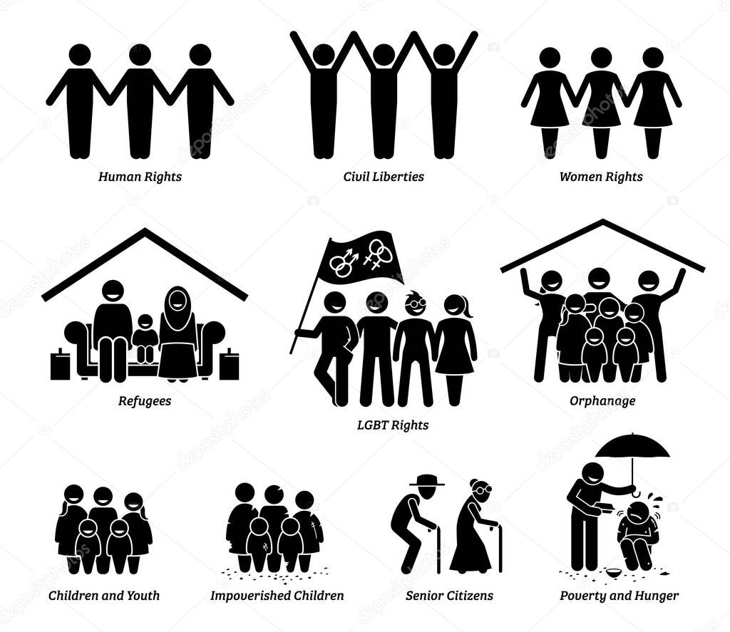 NPO nonprofit organization foundation welfare vector set. Non profit group of human rights, civil liberties, women rights, refugees, LGBT, orphanage, children, senior citizens, and poverty hunger.