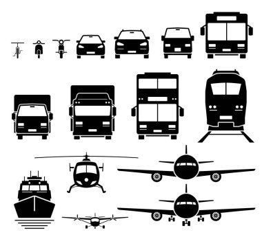 Yer, hava ve su taşıma araçlarının ön görüntüsü ayarlandı. Bisiklet, motosiklet, araba, SUV, minibüs, otobüs, kamyon, kamyon, çift katlı otobüs, tren, tekne, helikopter ve uçak taşıyıcısı.