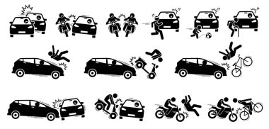 Trafik kazası ve araba kazası ikonları. Araba, motosiklet, bisiklet, insan, yaya, koşucu, çocuk ve yaşlılar arasındaki trafik kazasının vektör çizimi. 