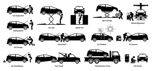 Tamirhanedeki Arabayı Kontrol Tamir Araç Bakım Onarım Için Otomobil Servis — Stok Vektör