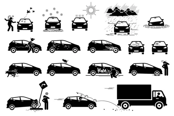 动物和道路危害破坏和损坏汽车图标 炎热的太阳 酸雨和洪水损坏的汽车的矢量图解 人们通过抓挠破坏车辆的行为 肮脏的破车 — 图库矢量图片