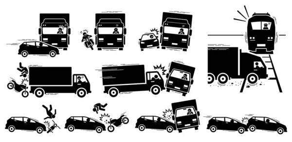 道路交通事故和车辆碰撞的图标 摩托车 卡车和火车之间道路交通事故的病媒倾角 — 图库矢量图片