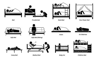 People sleeping on different type of bed. Vector illustration of person sleep on trundle, bunk, four poster, sofa, futon, air mattress and medical bed. Children sleeping on baby cot and double decker. clipart