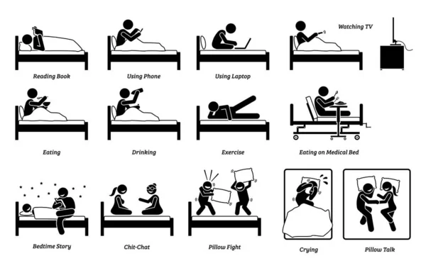 ベッドルーム内のベッドで人々が行うこと 本を読む人のベクトル 携帯電話を使用して ノートパソコンで作業 テレビを見て 運動を飲む 就寝時の話 枕の戦い — ストックベクタ