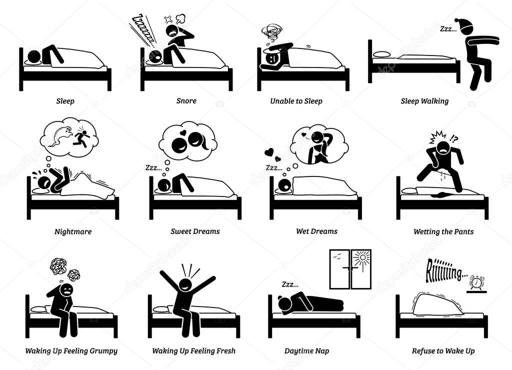 People sleeping, dreaming, and waking up from the bed. Vector illustrations of a person asleep, snoring, sleep walking, resting, napping, and waking up. The man has nightmare, sweet and wet dreams.