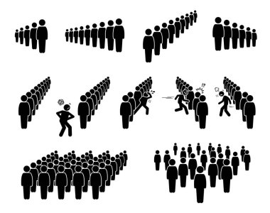 People queue and lining up. Vector artwork of crowd queuing in line waiting their turns. A person is getting impatient and cutting the line. Some masses are scattered and standing everywhere.  clipart