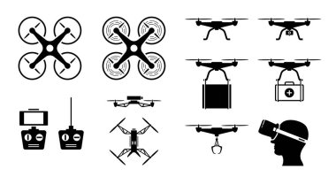 Alet ve aksesuarlı İHA simgesi ayarlandı. Üst ve yan görünümde dronların vektör simgeleri. Uzaktan kumandalı uzaktan kumanda, telefon ekranı, kamera, pençe ve FPV gözlükleri. Drone paket ve tıbbi malzeme gönderin..