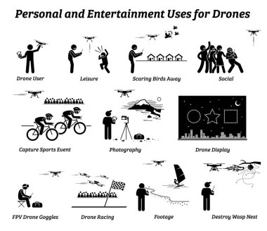 Drone usage and applications for personal and entertainment. Vector icons of drones uses on leisure, social, sports event, photography, record footage, racing game, display, and scaring birds away. clipart