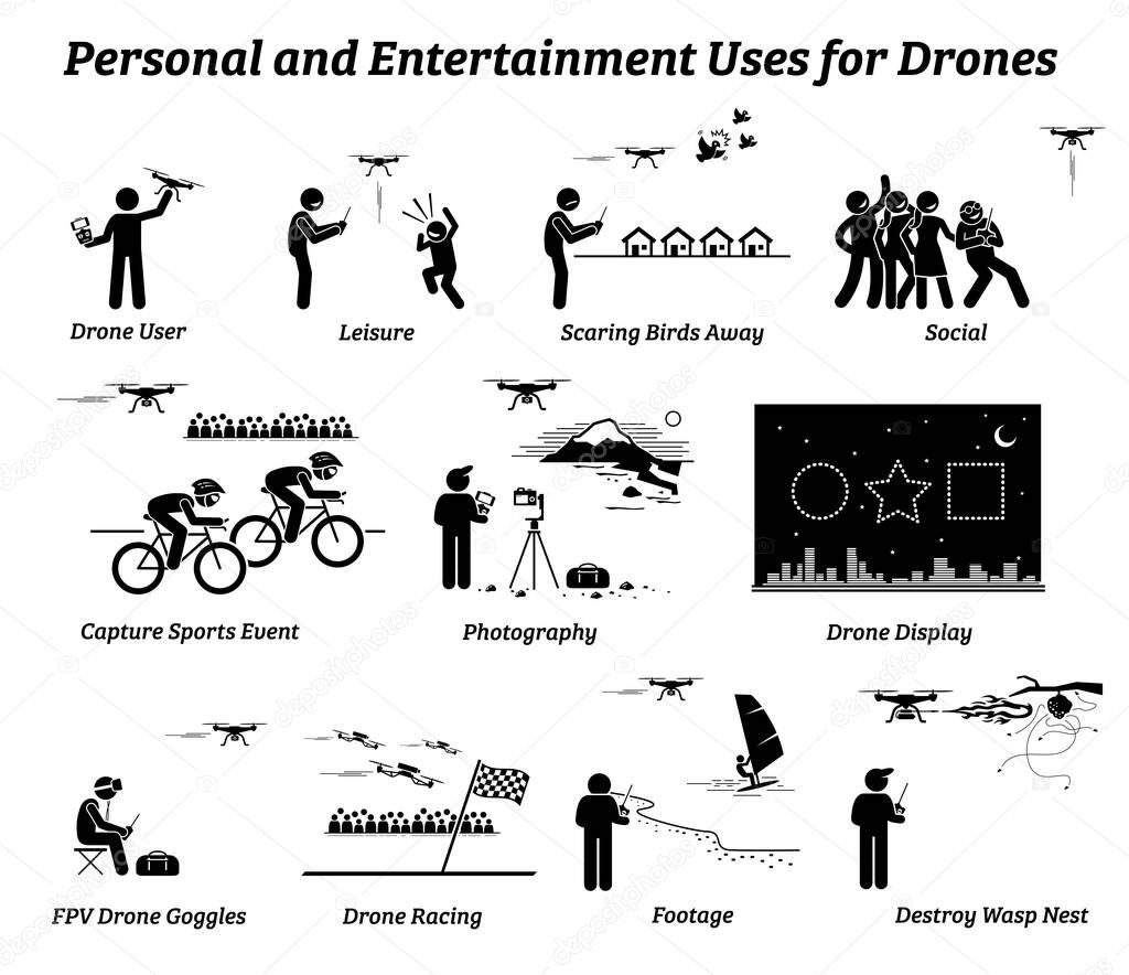 Drone usage and applications for personal and entertainment. Vector icons of drones uses on leisure, social, sports event, photography, record footage, racing game, display, and scaring birds away.