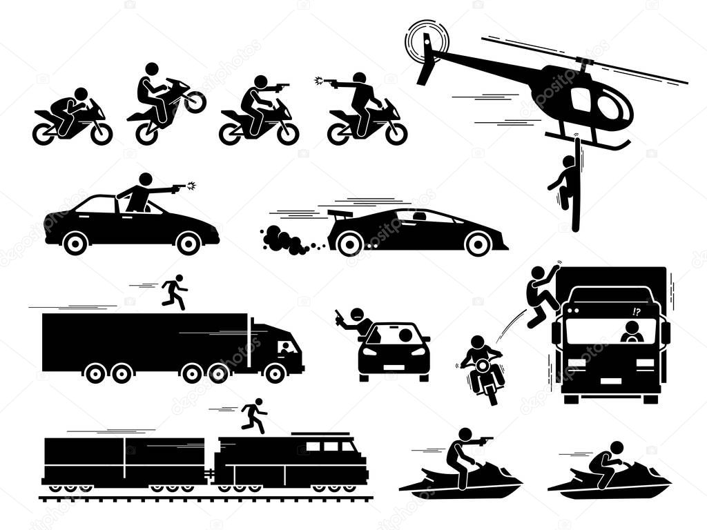 Movie action hero car motorcycle chase scene. Vector of people chasing and shooting with gun at car, motorcycle, and jet ski. Stunt man hanging on helicopter and running on top of train and truck.