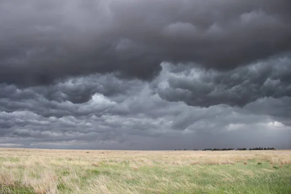 Dunkle und turbulente Wolken über dem Rasenfeld — Stockfoto