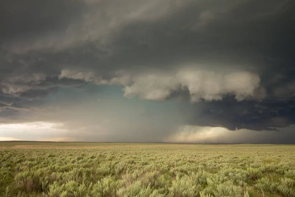 A wall cloud forms underneath a supercell thunderstorm on the high plains.