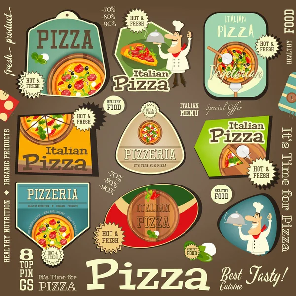 Ensemble d'autocollants de pizza — Image vectorielle