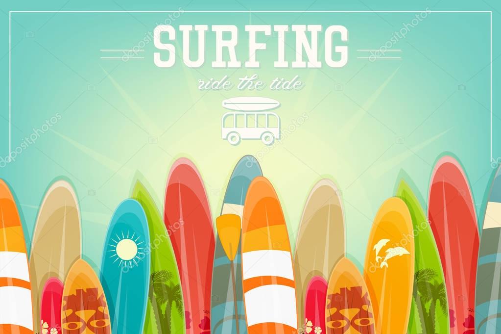 Surfing Poster in Vintage Style for Surf Club or Shop. Colorful Surfboards on Beach. Vector Illustration.