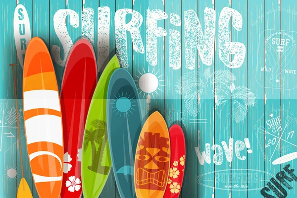 Surfen Retro-Poster auf blauem Holzhintergrund — Stockvektor